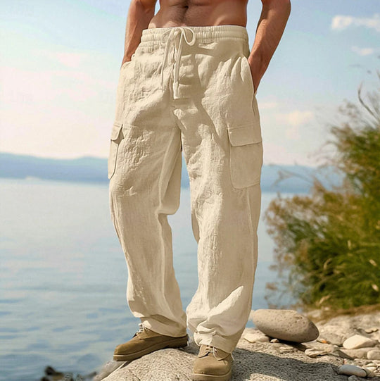 Herren weite Casual-Cargohose aus Leinen-Baumwollmix mit Elastikbund, Tunnelzug und großen Pattentaschen Shop Nory