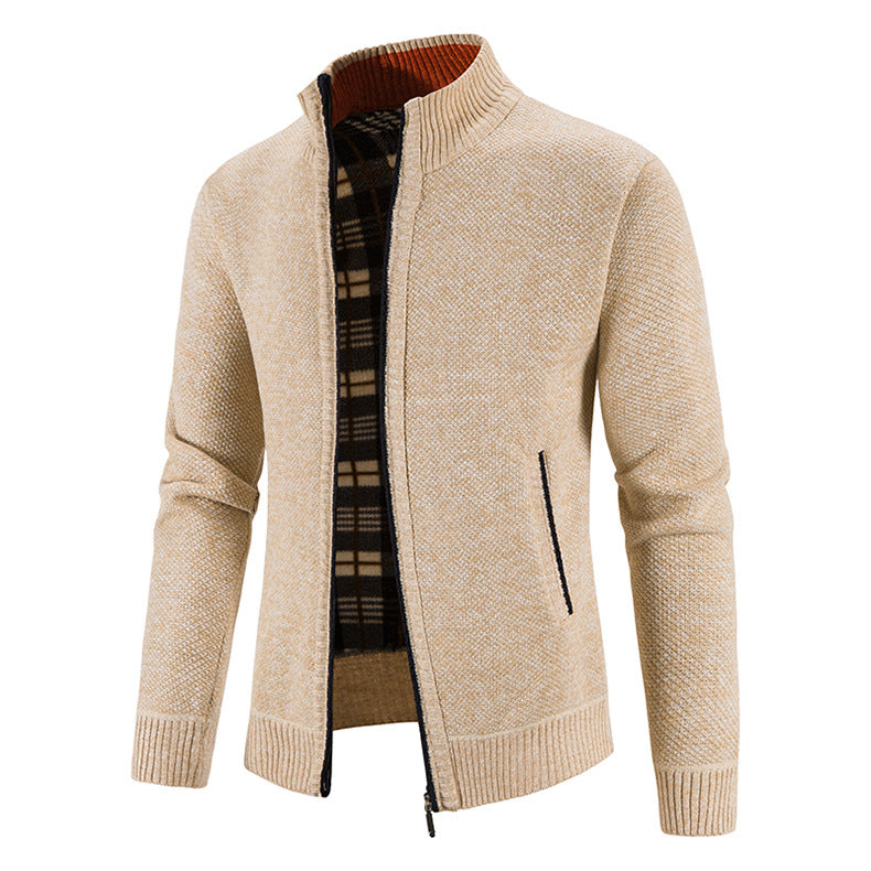 Herren Strickjacke mit durchgehendem Reißverschluss, Stehkragen und kariertem Futter Shop Nory