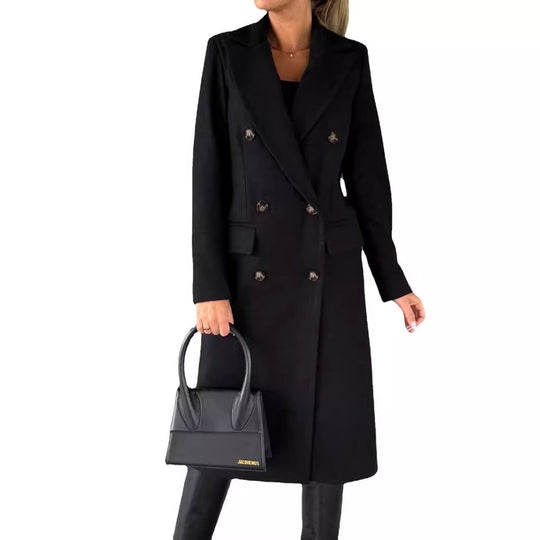 Damen klassischer langer Doppelreiher Mantel mit Reverskragen und Pattentaschen Shop Nory