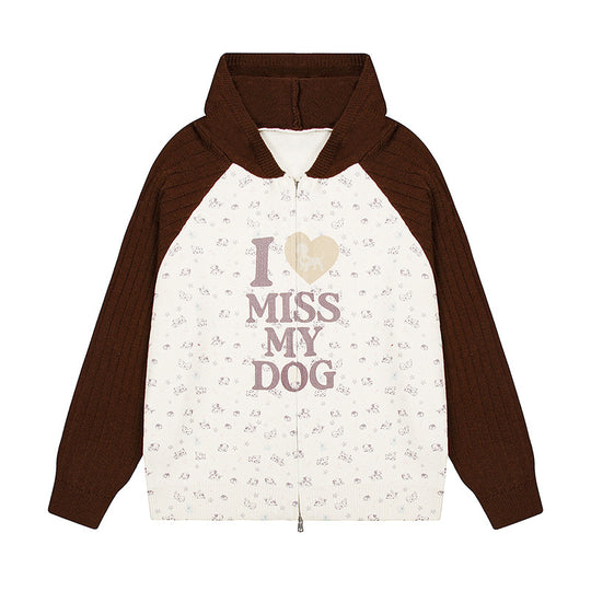 Damen Kapuzen‑Strickjacke mit durchgehendem Reißverschluss, gerippten Ärmeln und Hunde‑Statement‑Print Shop Nory