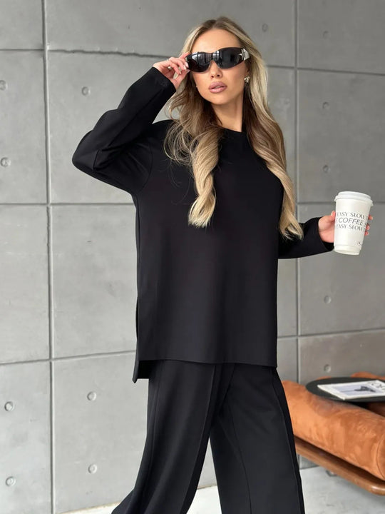 Damen eleganter Lounge-Zweiteiler mit Oversize-Sweatshirt und taillierter Weitbein-Hose Shop Nory