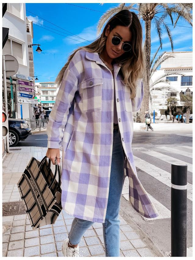 Damen Karierte Overshirtjacke mit Brusttaschen