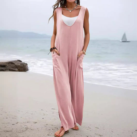 Damen Lässiger weite Jumpsuit mit V-Ausschnitt und praktischen Taschen