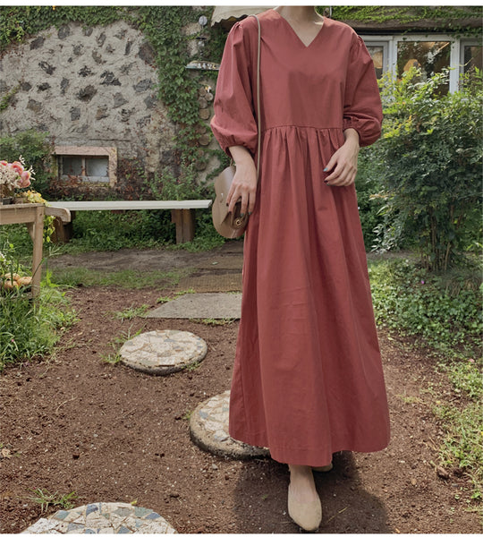 Damen Maxikleid mit V-Ausschnitt, geraffter Taillennaht und voluminösen dreiviertel-Ärmeln Shop Nory