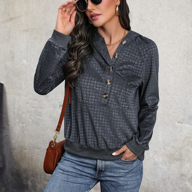 Damen Texturierter Kapuzenpullover mit Knopfleiste und Strukturmuster Shop Nory