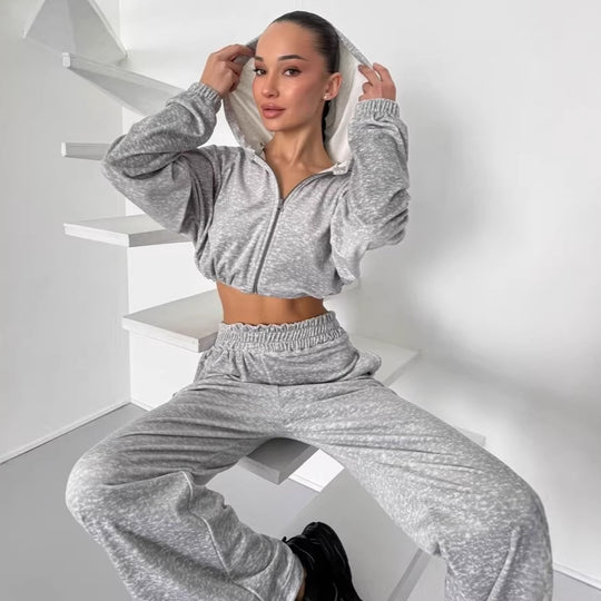 Damen cropped Zip-Hoodie mit elastischem Saum und locker fallende Palazzo-Jogginghose Shop Nory