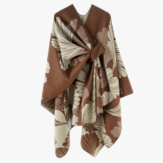Damen Wickelponcho aus Jacquard mit floralem Muster und Taillengürtel Shop Nory