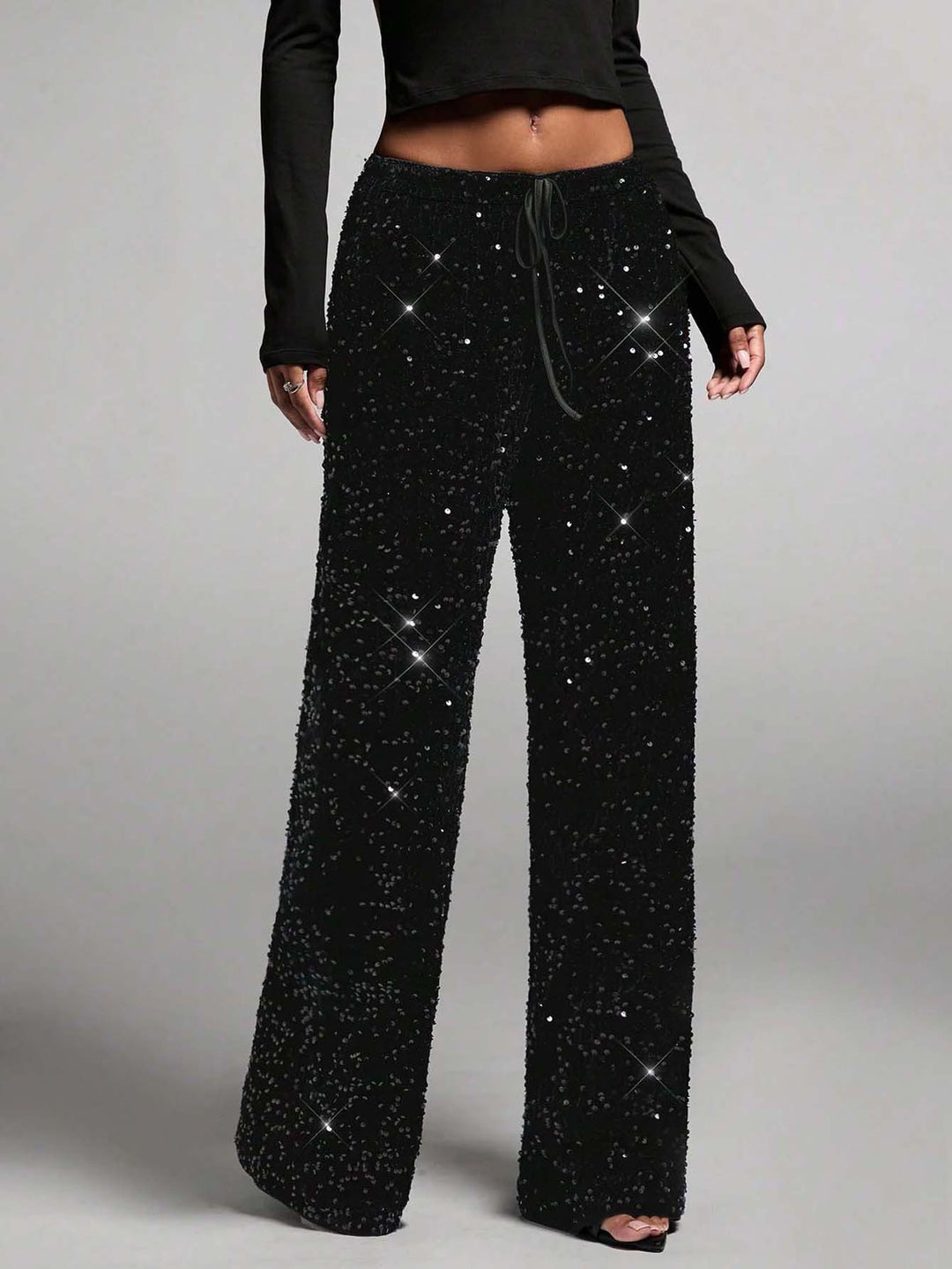 Damen Pailletten-Palazzohose mit hohem Bund und Kordelzug Shop Nory
