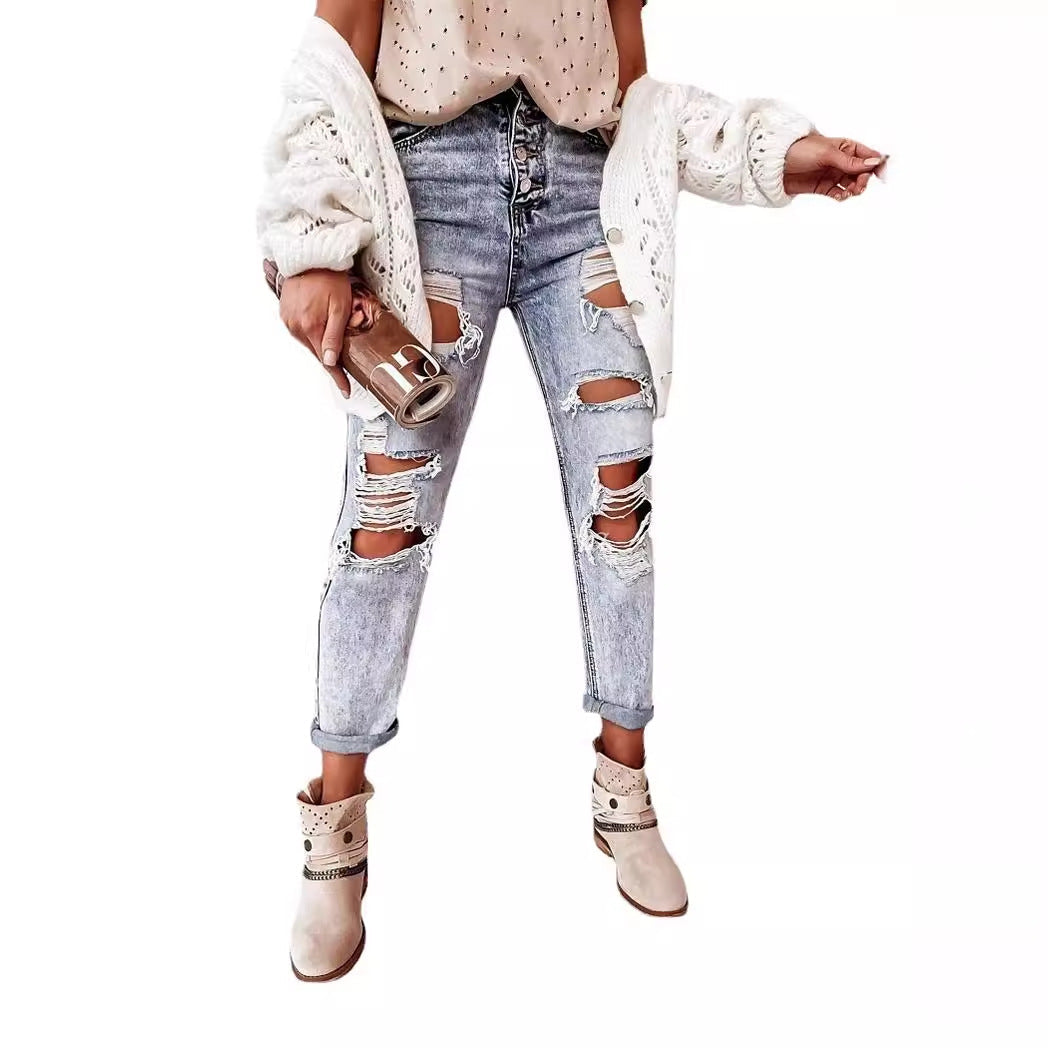 Damen Destroyed Jeans im lässigen Boyfriend-Schnitt mit hohem Bund und Details