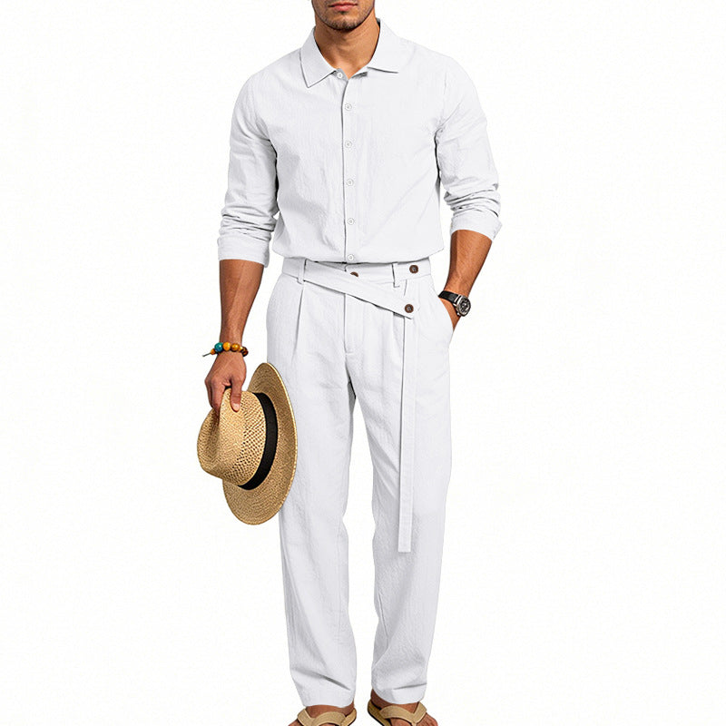 Herren nan eleganter Leinen-Zweiteiler mit Hemd und Hose mit hohem Bund und Bindegürtel