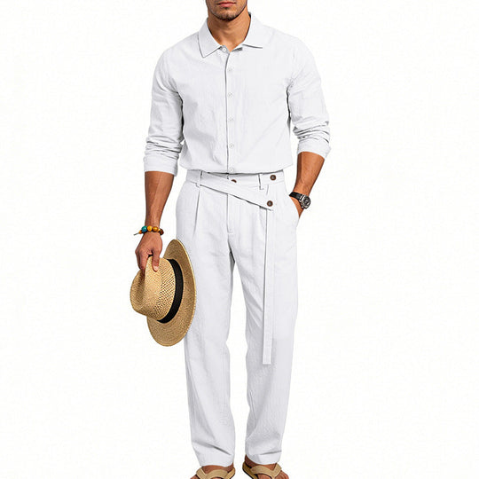 Herren nan eleganter Leinen-Zweiteiler mit Hemd und Hose mit hohem Bund und Bindegürtel
