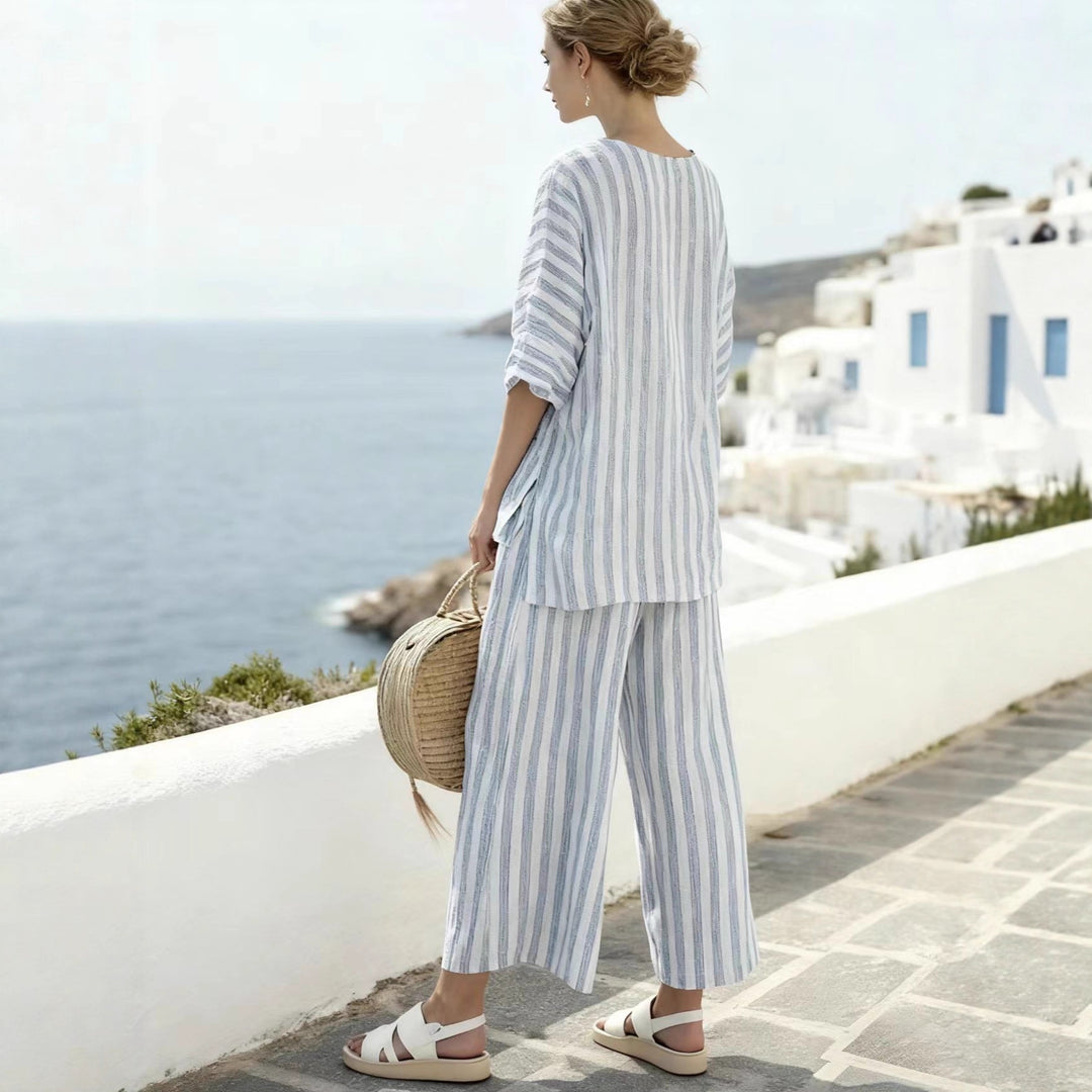 Damen Zweiteiliges gestreiftes Leinen‑Optik Lounge‑Set mit Oversize‑Bluse und High‑Waist Palazzo Shop Nory