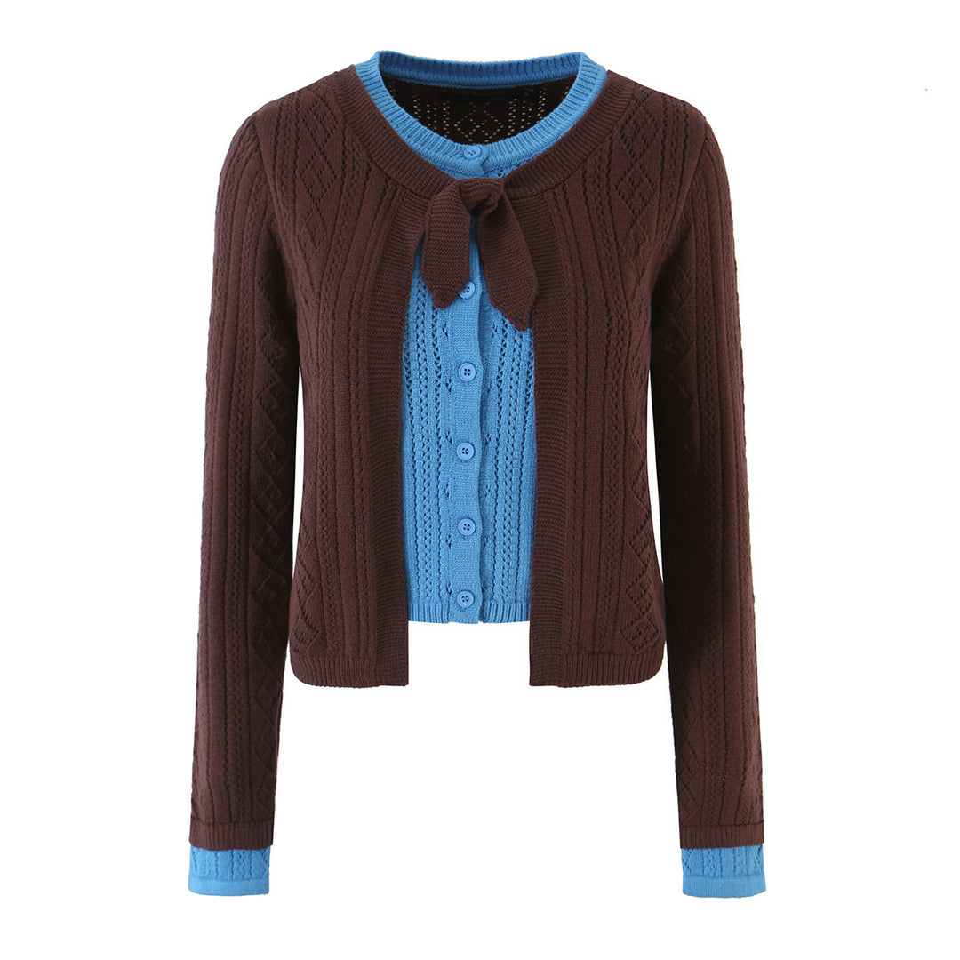 Damen Feinstrick-Zweiteiler Cardigan mit Schleifenkragen und Zierweste Shop Nory