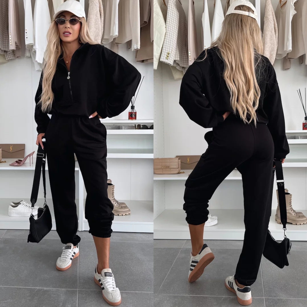Damen Kuscheliges Freizeit-Set mit Kurzreißverschluss, hohem Kragen und Joggerhose Shop Nory