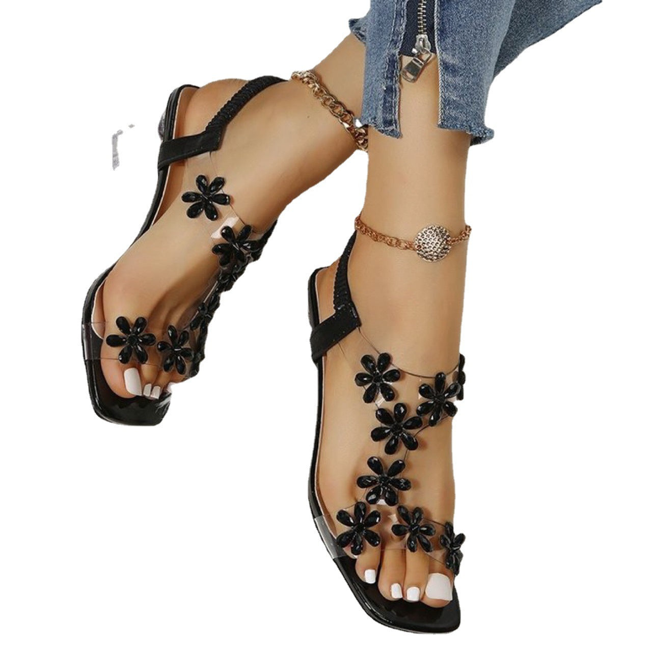 Damen Glamouröse Sandalen mit transparentem Blockabsatz und floralen Akzenten Shopnory