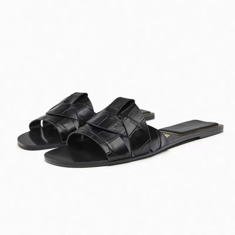 Damen Jeans-Optik Slide-Sandalen mit gekreuzten Stoffriemen und flacher Komfortsohle Shop Nory