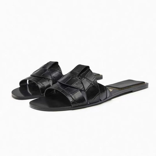 Damen Jeans-Optik Slide-Sandalen mit gekreuzten Stoffriemen und flacher Komfortsohle Shop Nory