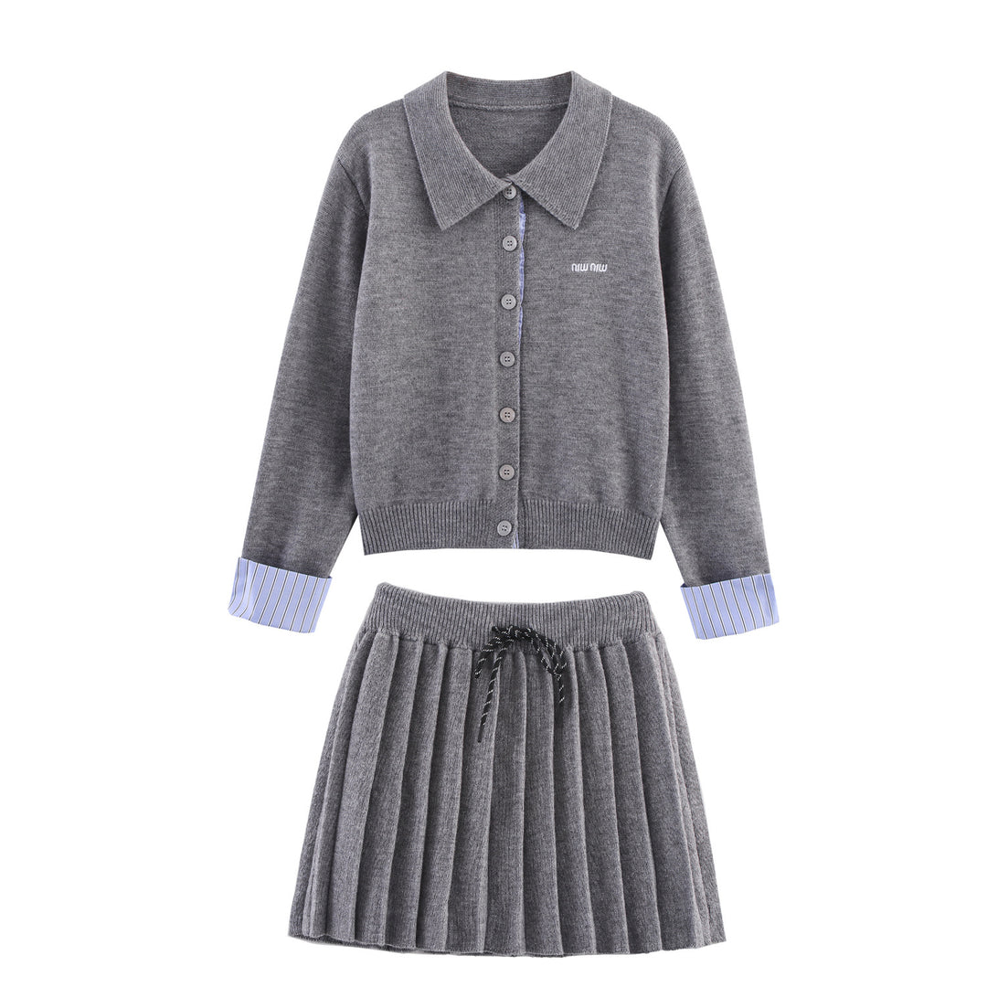 Damen Zweiteiliges Feinstrick-Set mit Hemdkragen-Cardigan und plissiertem Rock Shop Nory