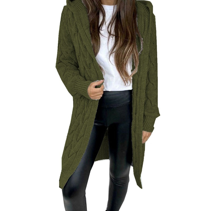 Damen lange Strickjacke mit Kapuze und Zopfdesign