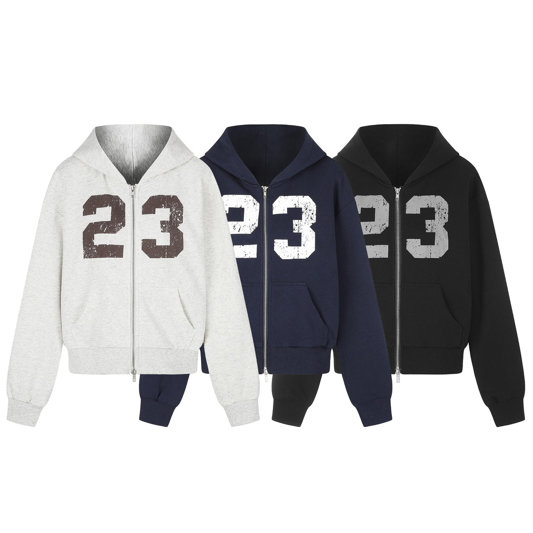 Damen Zip‑Hoodie im Boxy‑Schnitt mit Kängurutasche und Nummernprint Shop Nory