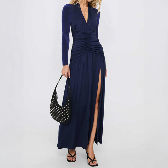Damen nan elegantes Abendkleid mit gerafftem Wickeloberteil, hohem Beinschlitz und Samtärmeln Shop Nory