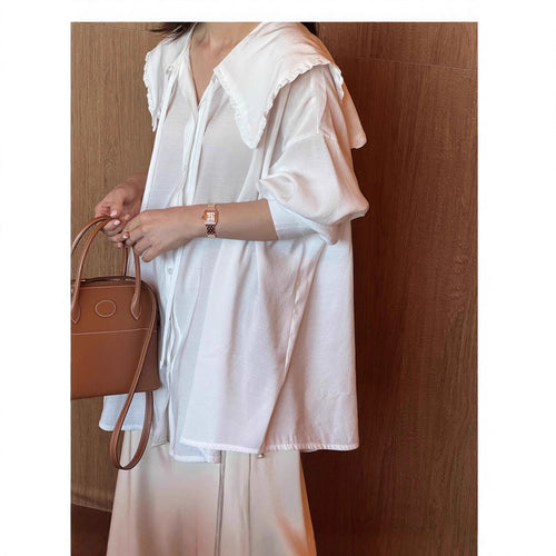 Damen Oversize-Hemdbluse mit großem Rüschenkragen und Krempelärmeln Shop Nory