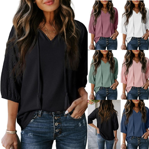 Damen Waffelshirt mit V‑Ausschnitt, Quasten und bestickten Puffärmeln Shop Nory