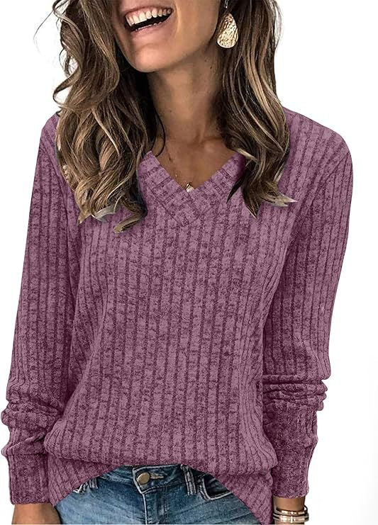 Damen Gerippter V‑Ausschnitt Feinstrickpullover mit lässiger Oversize-Passform Shop Nory