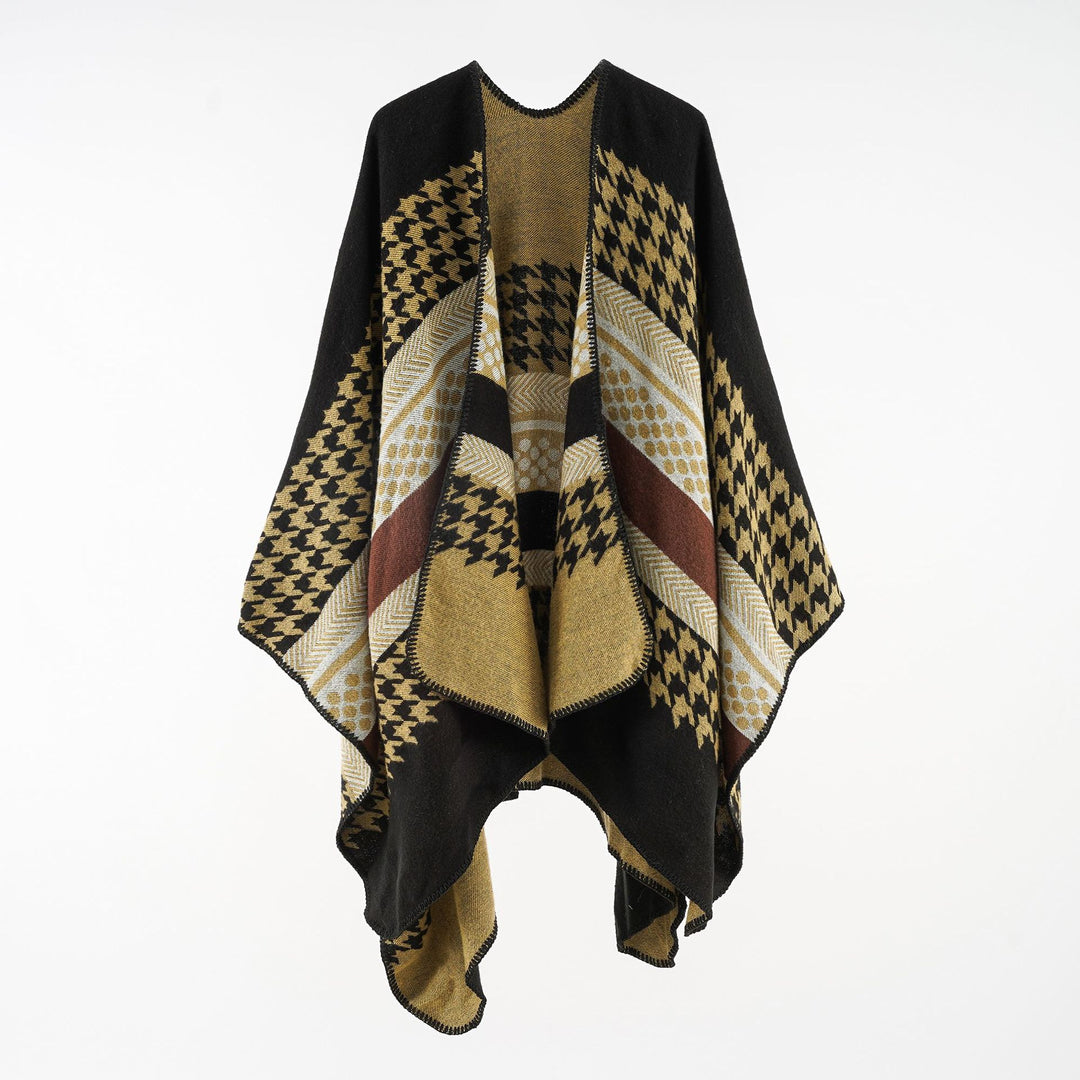 Damen Wohliger Oversize-Umhangponcho aus Wollmix mit Hahnentritt- und Grafikjacquard Shop Nory