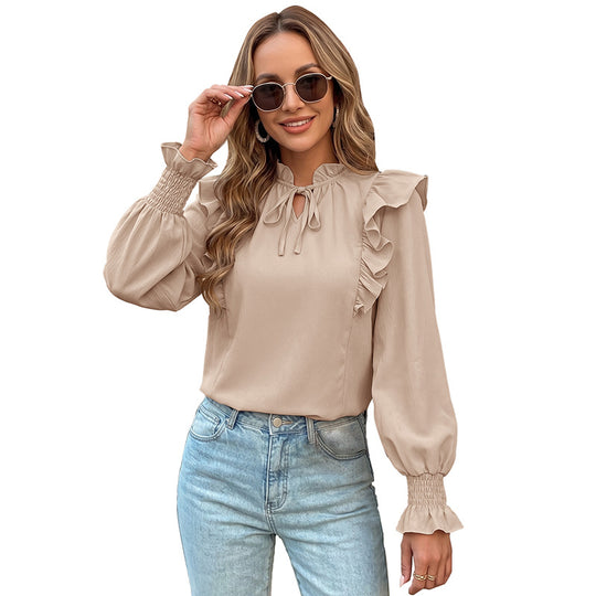 Damen Rüschenbluse mit Stehkragen, Bindeschleife und Smokärmeln Shop Nory
