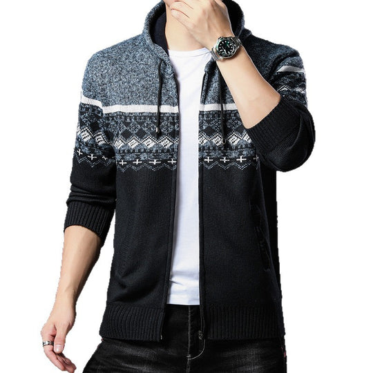 Herren Strick-Zip-Hoodie mit Norwegermuster, Kapuze und Eingrifftaschen Shop Nory