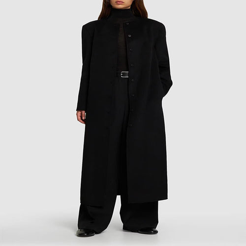 Damen Langer Minimalistischer Stehkragenmantel aus Wollmix mit verdeckter Knopfleiste Shop Nory