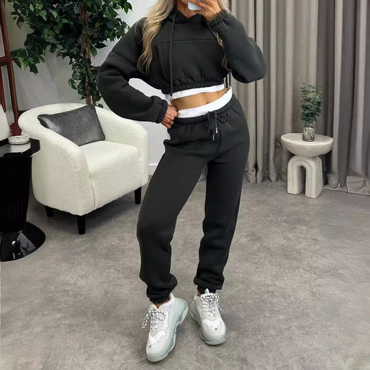 Damen Kurzschnitt-Kapuzenpullover und Hochtaillierte Jogginghose Set Shop Nory