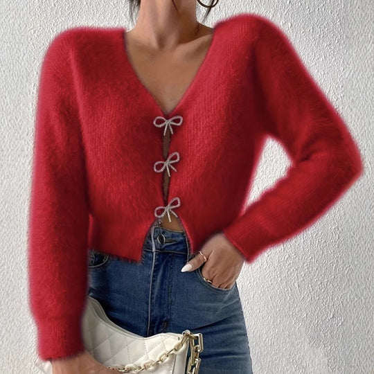 Damen Flauschiger Cropped-Cardigan mit V-Ausschnitt und Schleifen‑Verschlüssen Shop Nory