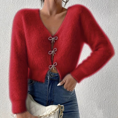 Damen Flauschiger Cropped-Cardigan mit V-Ausschnitt und Schleifen‑Verschlüssen Shop Nory