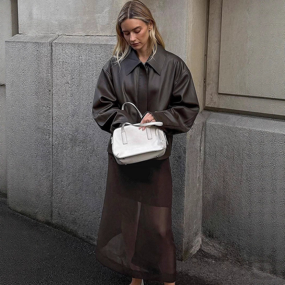 Damen Cropped Boxy Jacke aus Lederimitat mit übergroßem Kragen und verdeckter Reißverschlussleiste Shop Nory