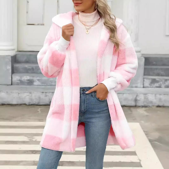 Damen Oversize Karierter Teddy-Mantel mit Kapuze und Eingrifftaschen Shop Nory