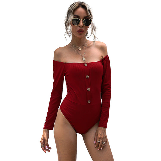 Damen Schulterfreies kurzes Rippoberteil mit Zierknopfleiste Shop Nory