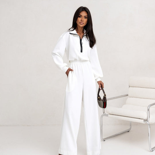 Damen relaxed-fit Zip-Pullover mit elastischem Taillenbund und extraweiter Palazzo-Hose Zweiteiler Shop Nory