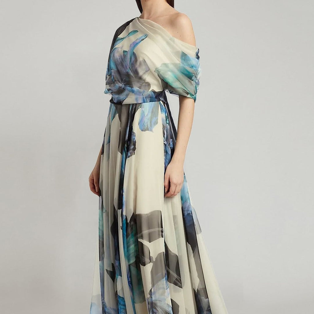 Damen elegantes Chiffon-Kleid mit schulterfreiem Design und floralem Muster