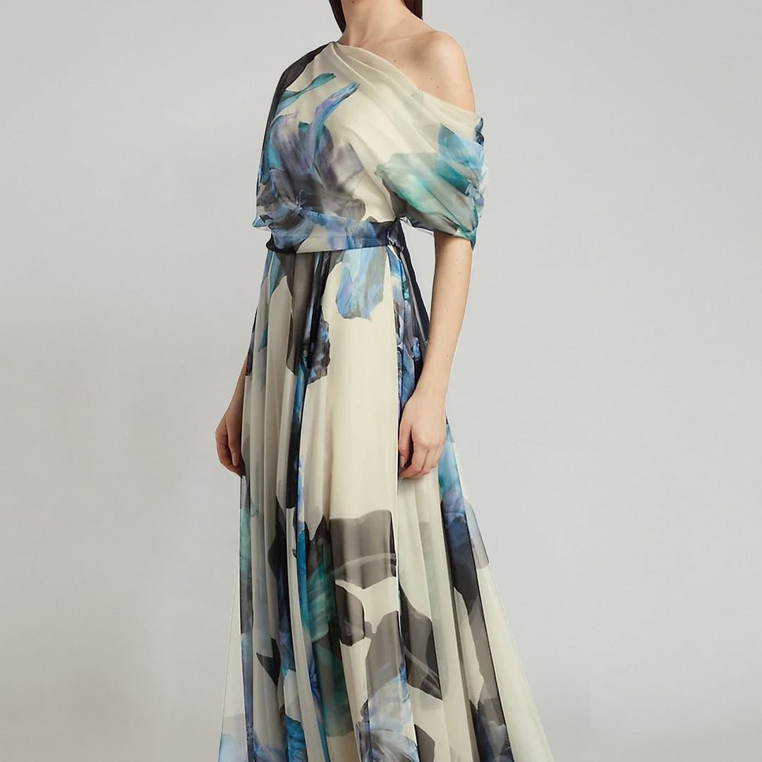 Damen elegantes Chiffon-Kleid mit schulterfreiem Design und floralem Muster