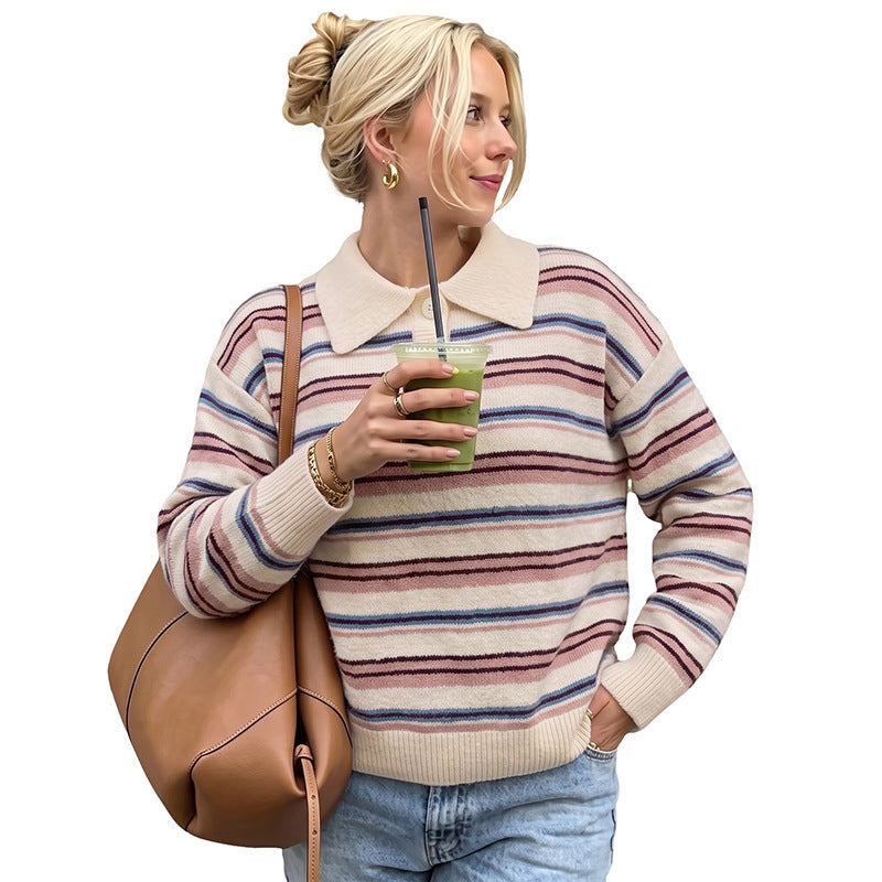 Damen Gestreifter Pullover mit Kragen Shop Nory