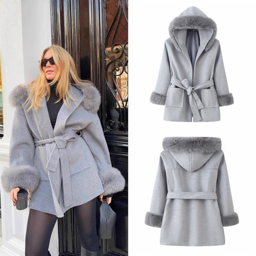 Damen Kapuzen-Wollmix-Mantel mit Bindegürtel und Faux-Fur-Besatz Shop Nory
