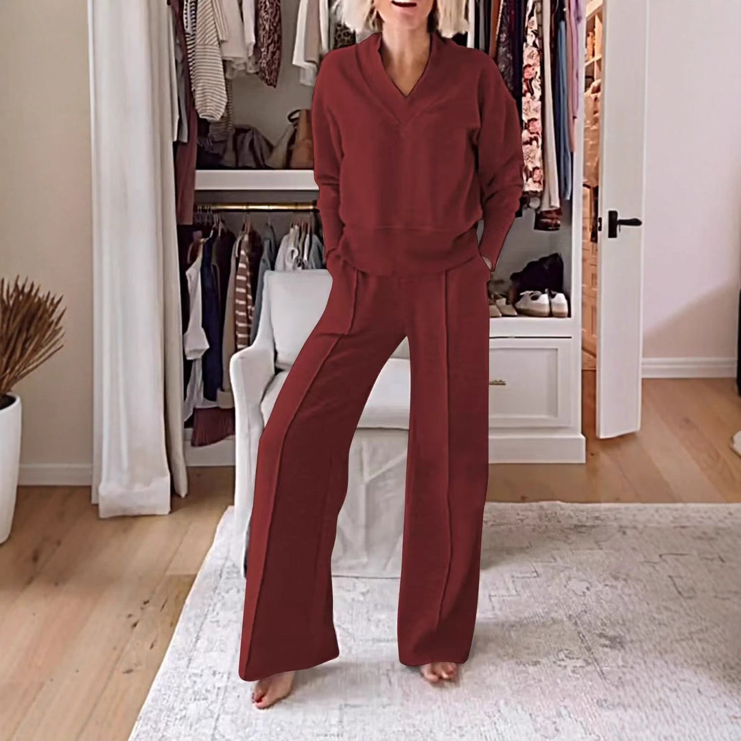 Damen Zweiteiliges Lounge-Set aus weichem Jersey mit V-Ausschnitt und weitem Palazzohosen-Schnitt Shop Nory