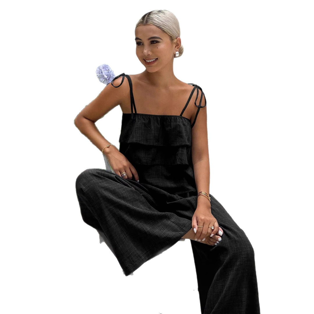 Damen Zweiteiliges Leinenoptik-Set mit mehrlagigem Volant-Top und weiten Palazzo-Hosen Shop Nory