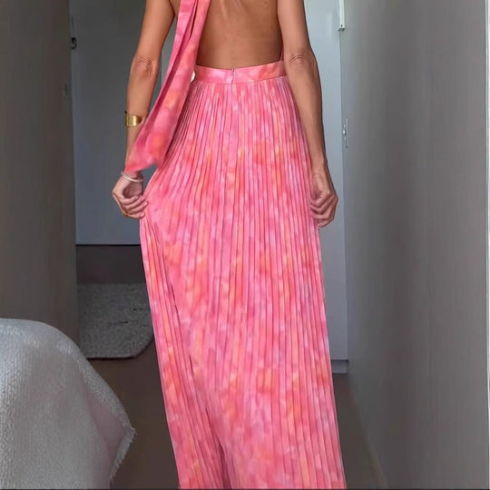 Damen Plissiertes Maxikleid mit tiefem Ausschnitt und elegantem Gürtel