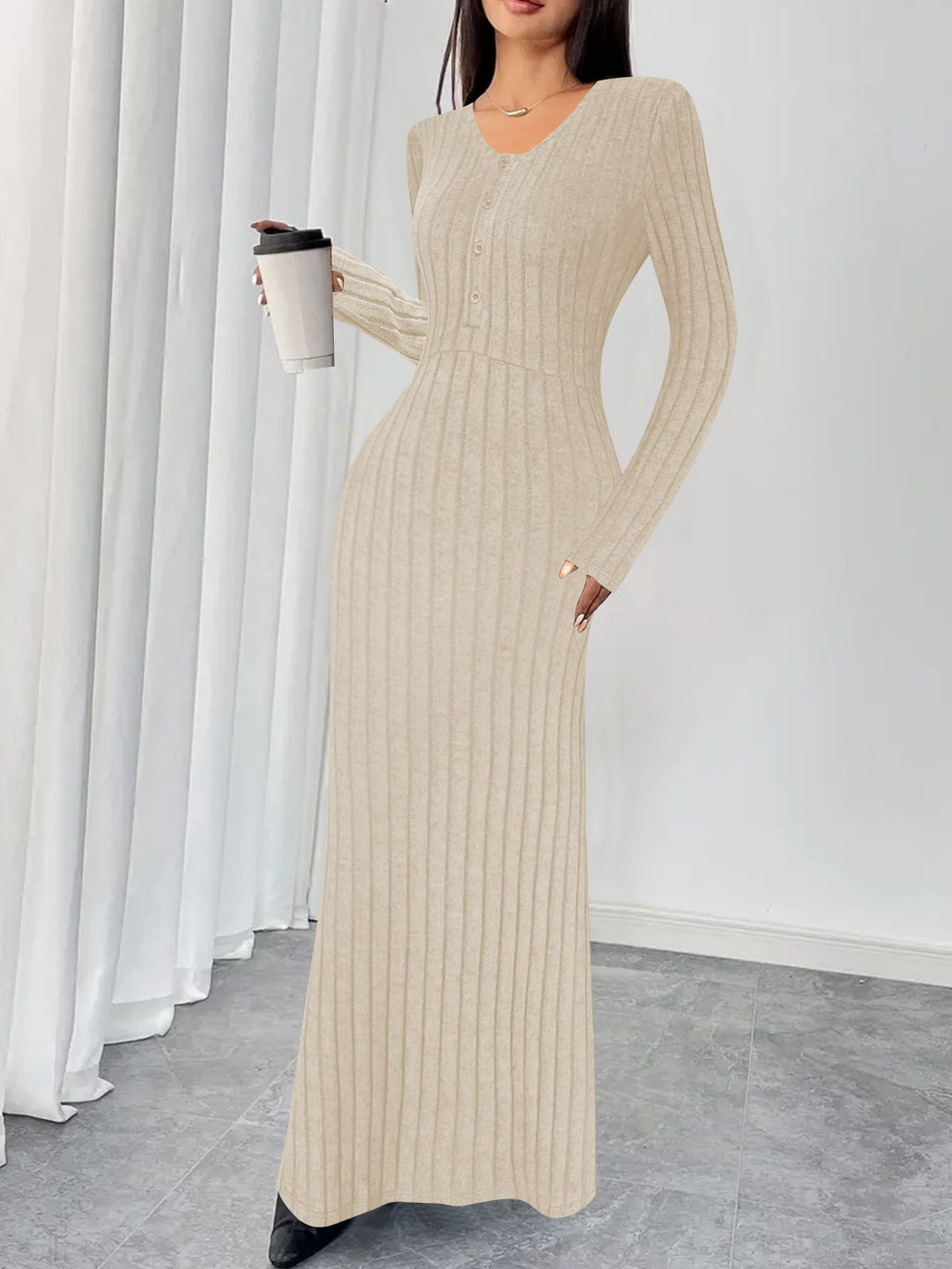 Damen Geripptes Maxi-Strickkleid mit Taillennaht und Knopfleiste Shop Nory