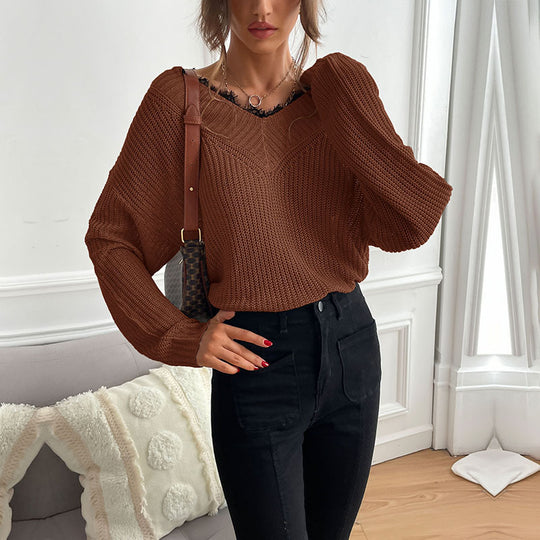 Damen Oversize V‑Ausschnitt Feinstrickpullover mit überschnittener Schulter und Rippbündchen Shop Nory