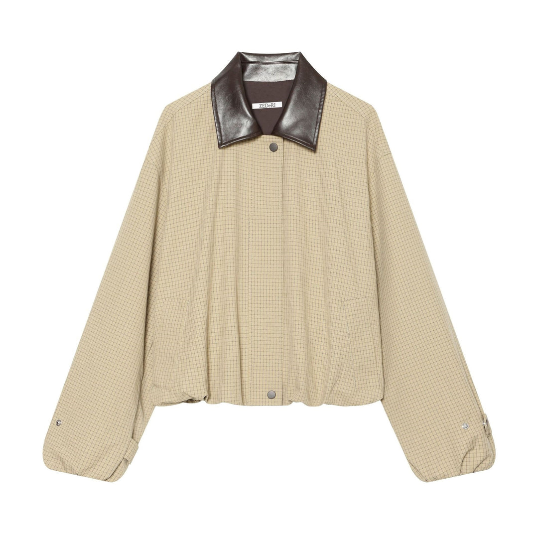 Damen Oversize-Boxy-Jacke mit Karomuster, Kunstleder-Revers und Kordelzugsaum Shop Nory