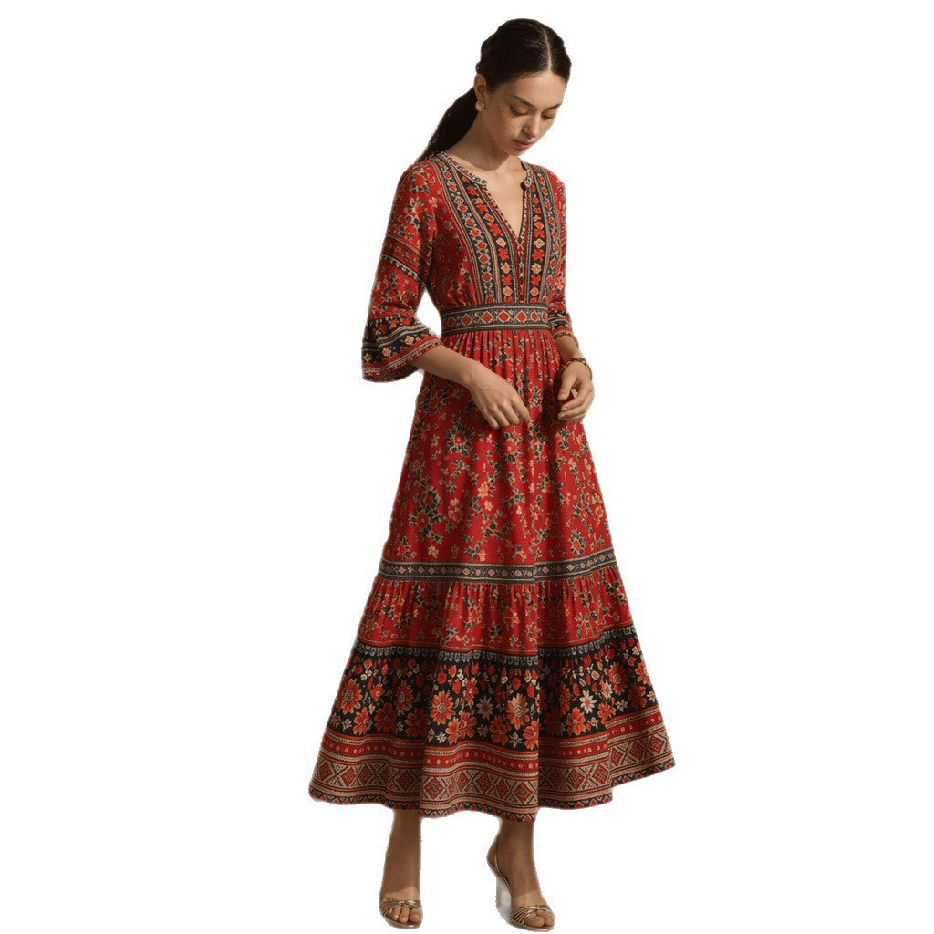 Damen langes Boho-Maxi-Kleid mit V-Ausschnitt geraffter Taille und mehrlagigem Stufenrock Shop Nory